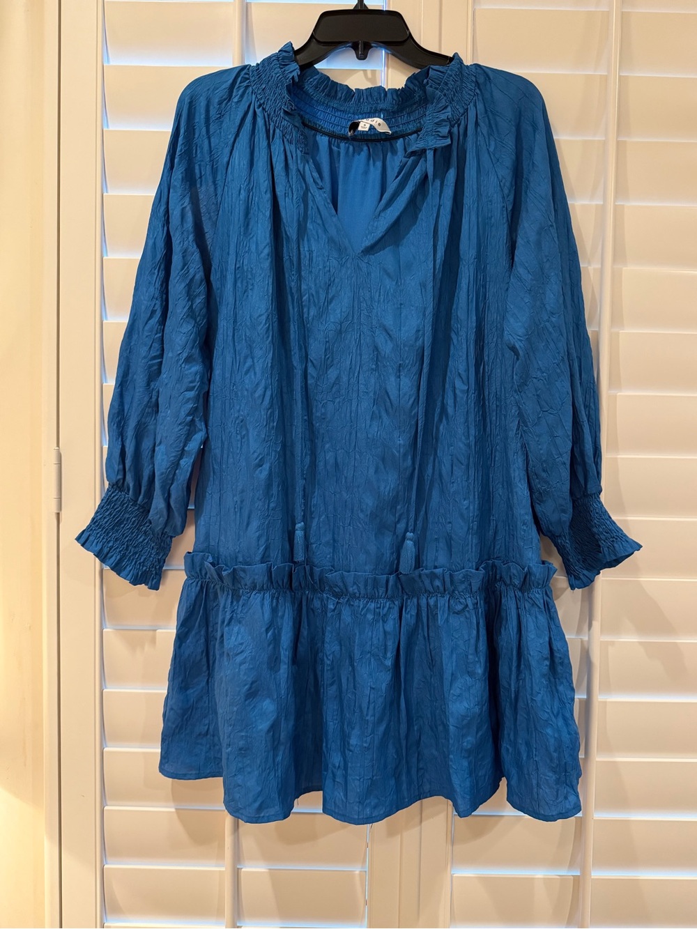 Blue Smocked-Neck Long sleeve Ruffled Women's Dress